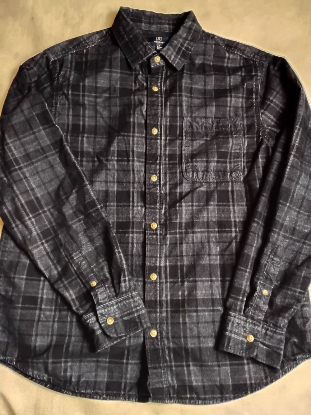 Vtg George Mens L Corduroy Plaid Button Shirt Long Sleeve Black Gray